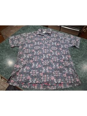 Vtg Kolekole Hawaiian Shirt Mens L Gray Pink Cotton Floral Made In Hawaii USA